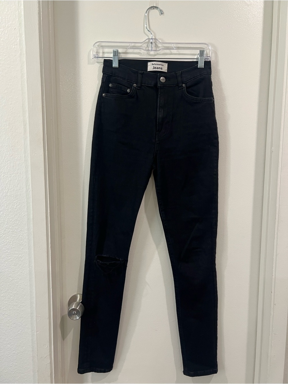 Reformation Black Skinny Jeans with Knee Distress